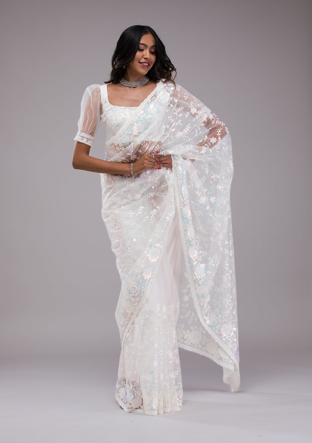 Off White Sequins Tissue Saree