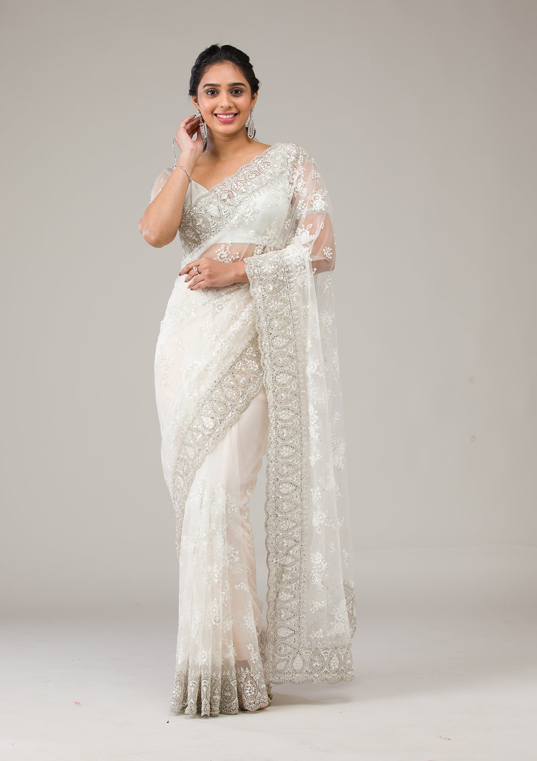 Off White Stonework Net Saree