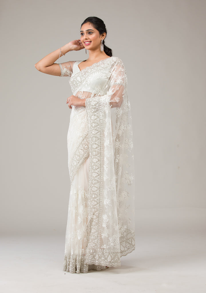 Off White Stonework Net Saree