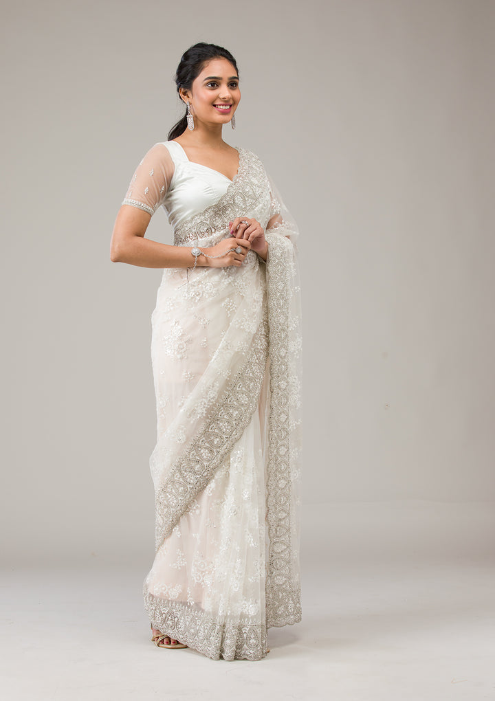 Off White Stonework Net Saree