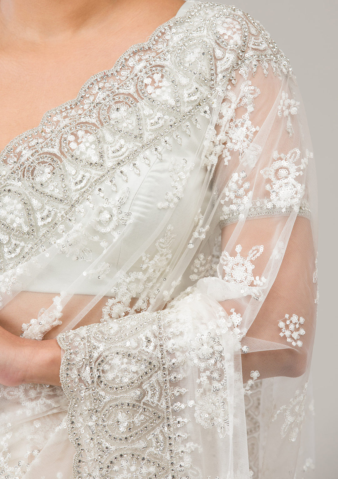 Off White Stonework Net Saree