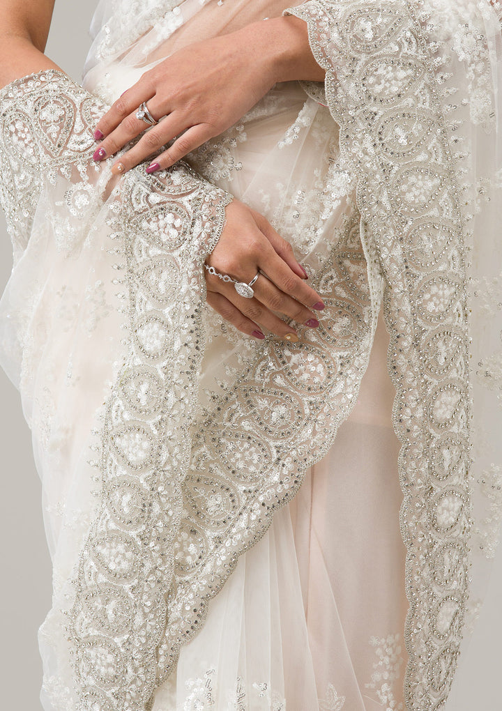 Off White Stonework Net Saree