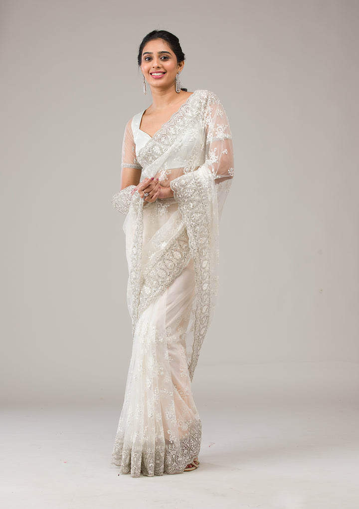 Off White Stonework Net Saree