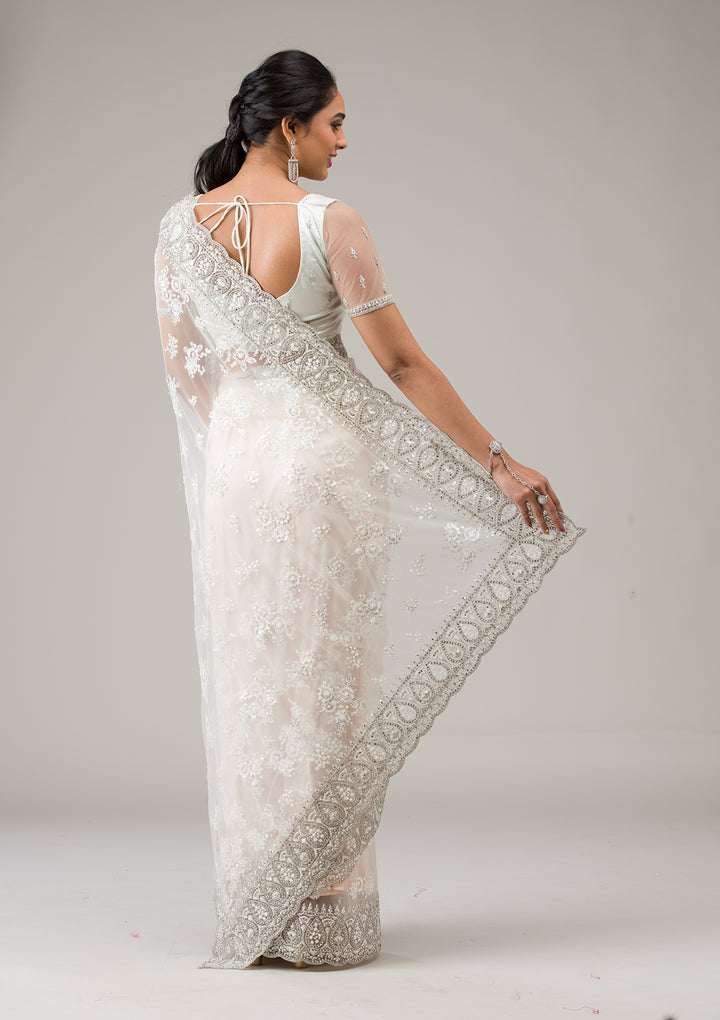 Off White Stonework Net Saree
