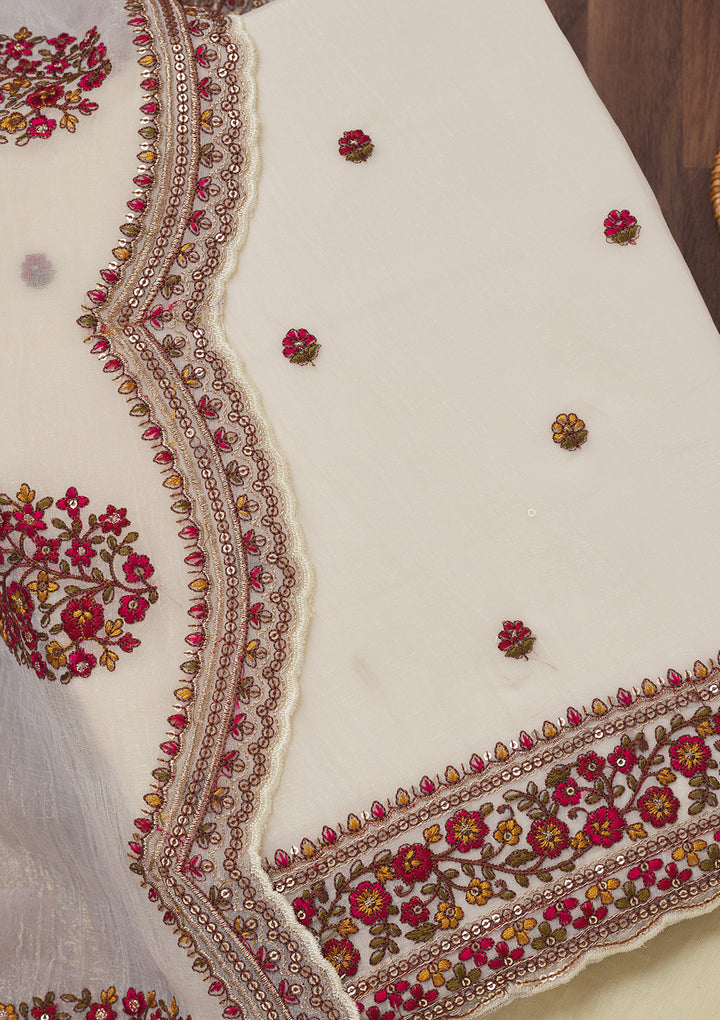 Off White Threadwork Chiffon Unstitched Salwar Suit