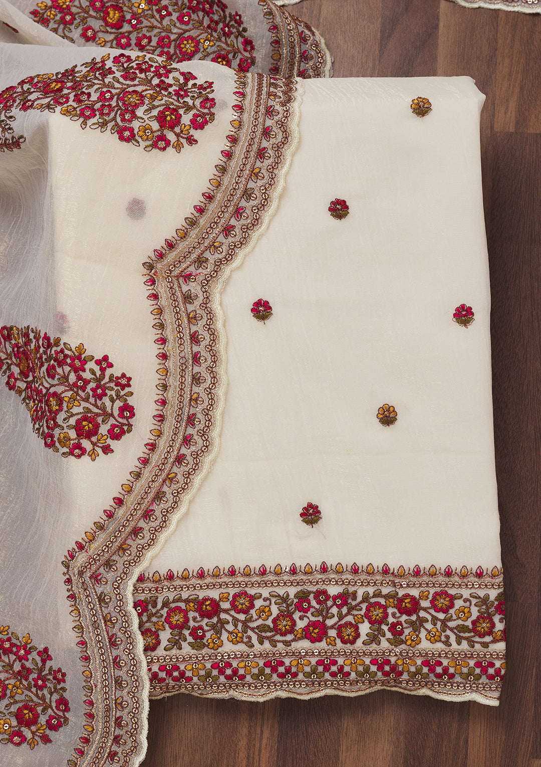 Off White Threadwork Chiffon Unstitched Salwar Suit