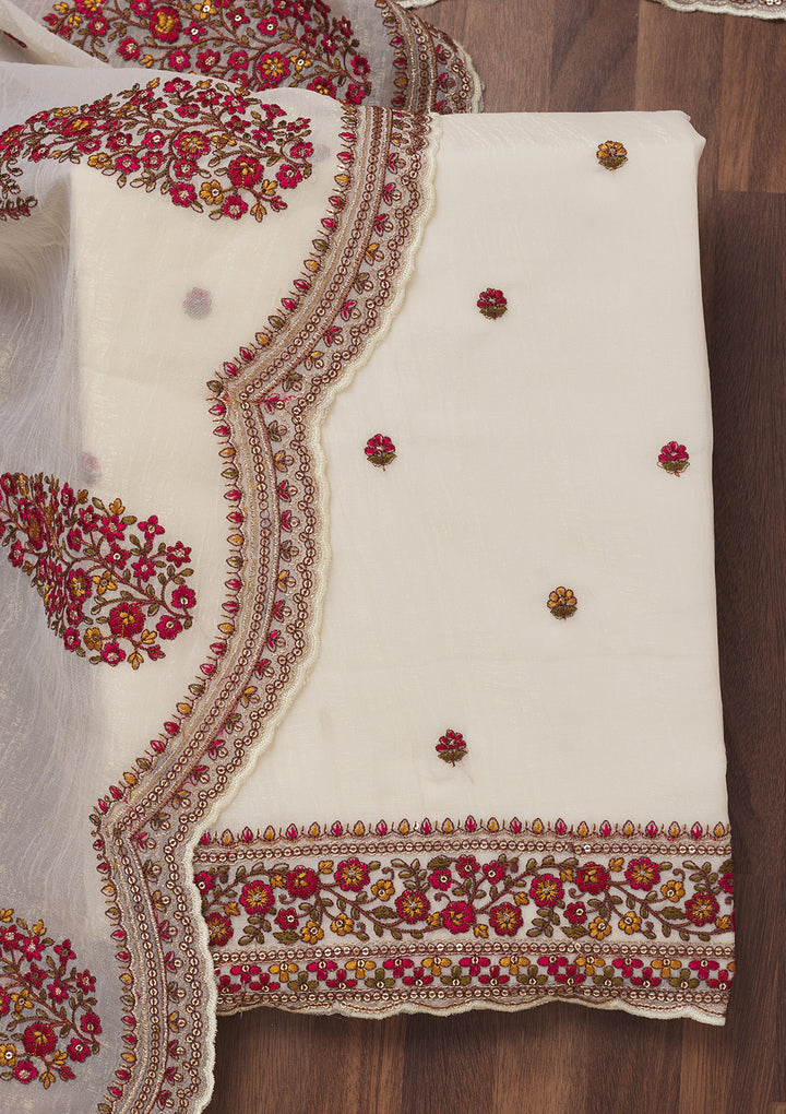 Off White Threadwork Chiffon Unstitched Salwar Suit