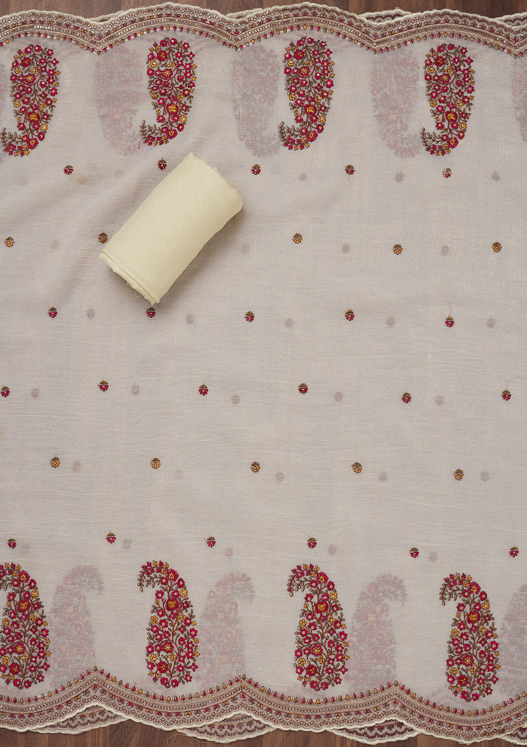 Off White Threadwork Chiffon Unstitched Salwar Suit