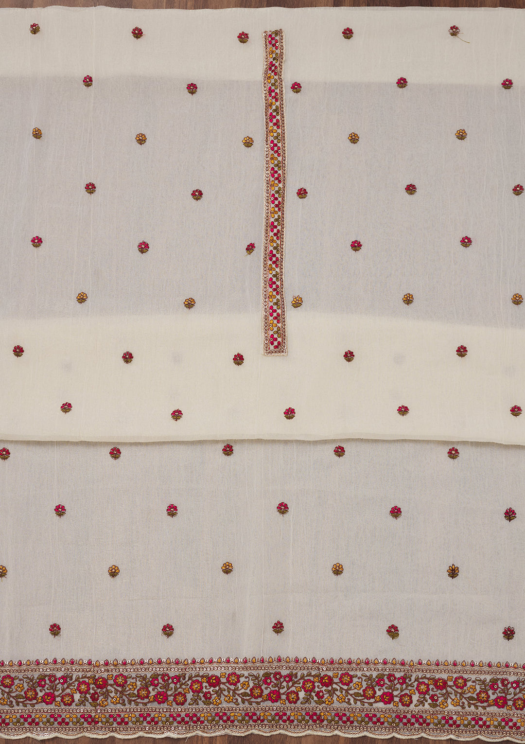 Off White Threadwork Chiffon Unstitched Salwar Suit