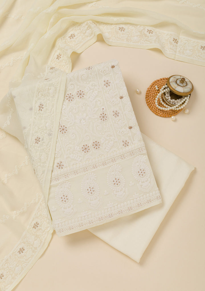 Off White Threadwork Georgette Unstitched Salwar Suit