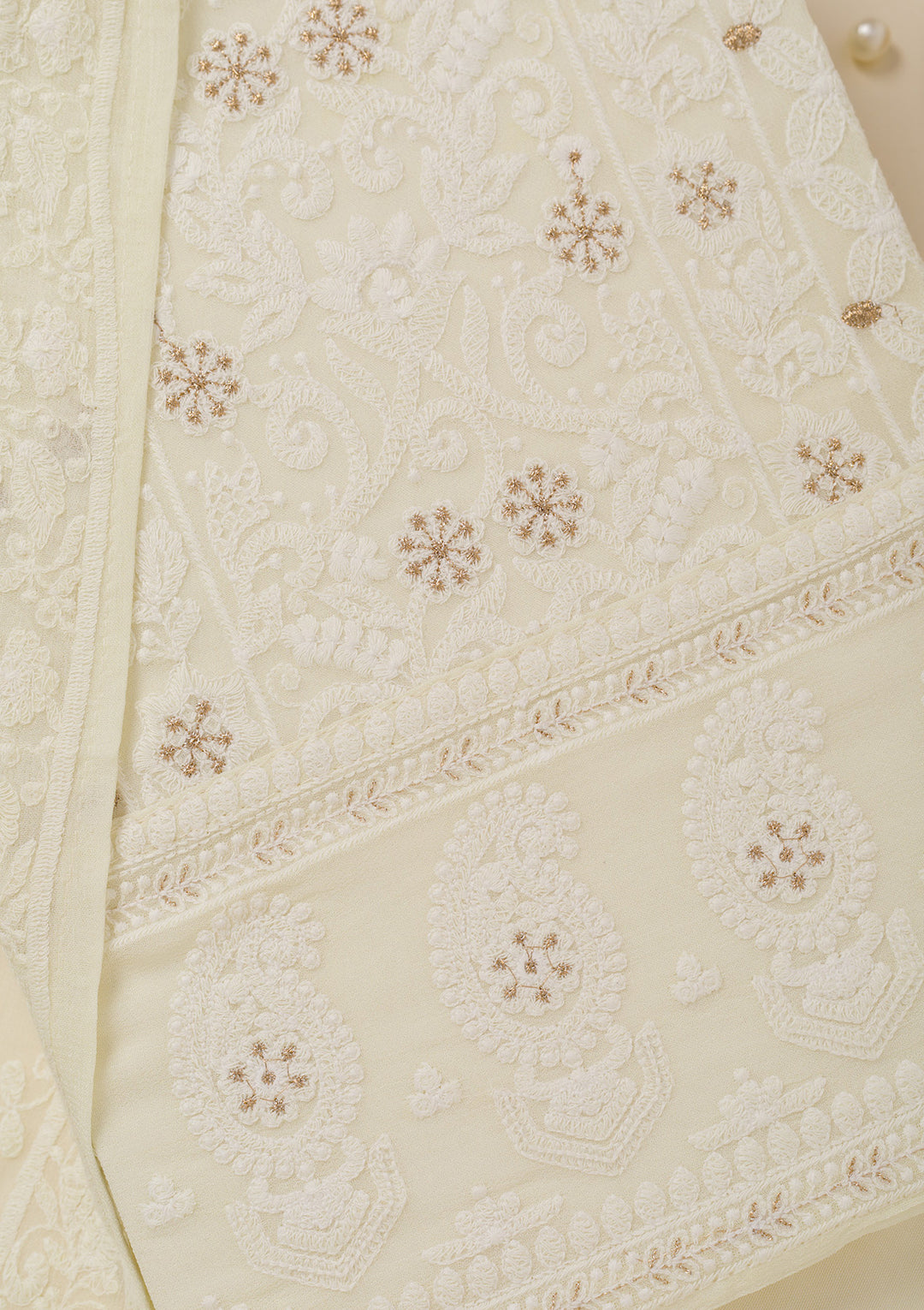 Off White Threadwork Georgette Unstitched Salwar Suit