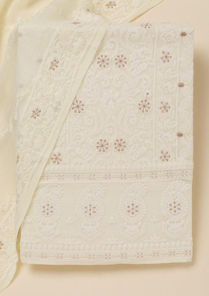 Off White Threadwork Georgette Unstitched Salwar Suit