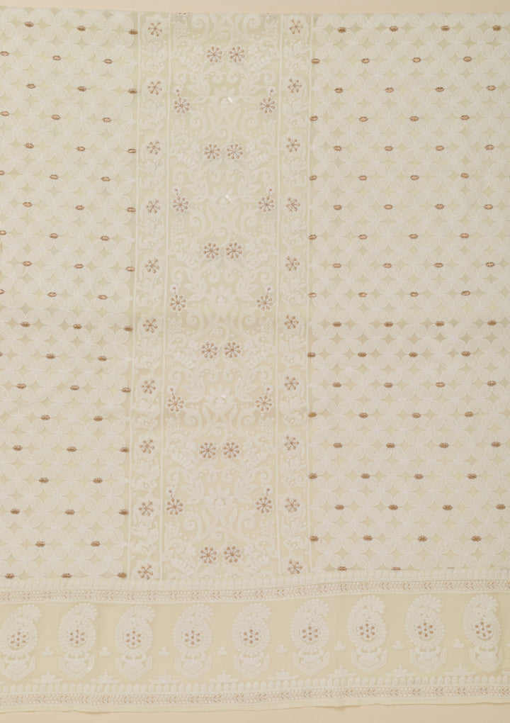 Off White Threadwork Georgette Unstitched Salwar Suit