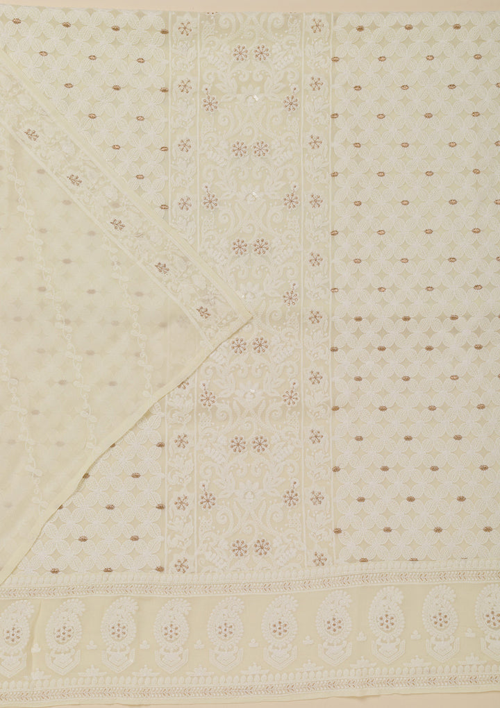 Off White Threadwork Georgette Unstitched Salwar Suit