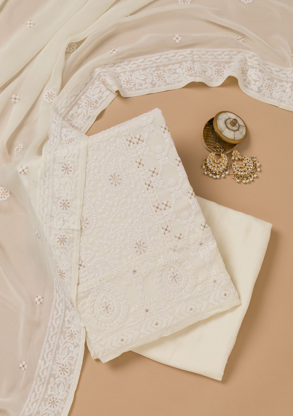 Buy Off White Threadwork Georgette Unstitched Salwar Suit - Koskii