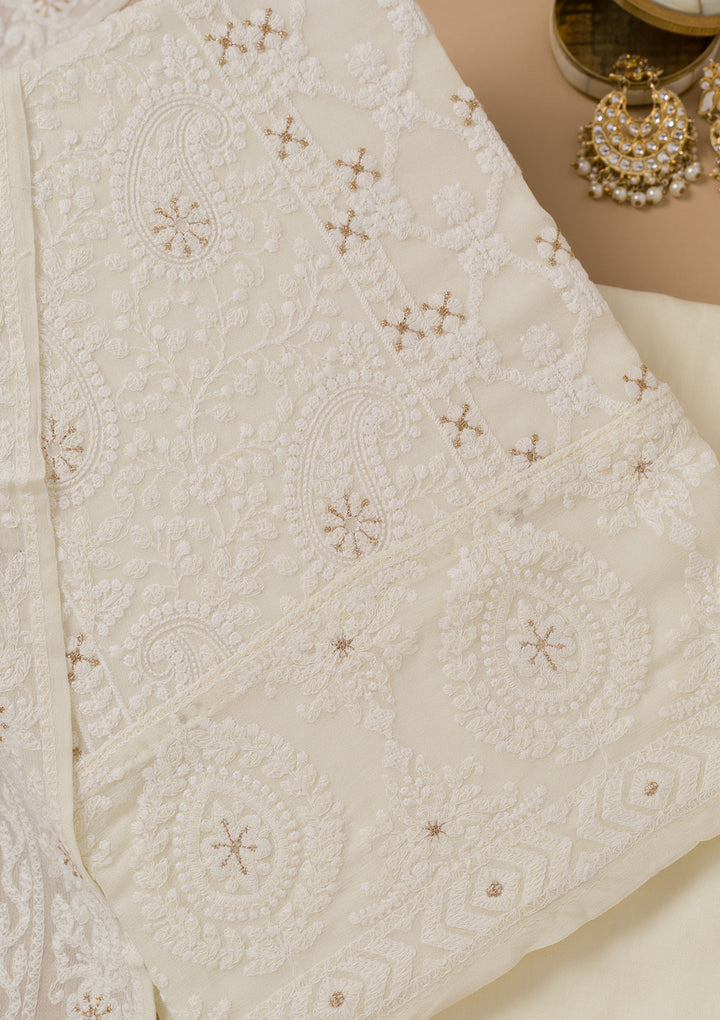 Off White Threadwork Georgette Unstitched Salwar Suit
