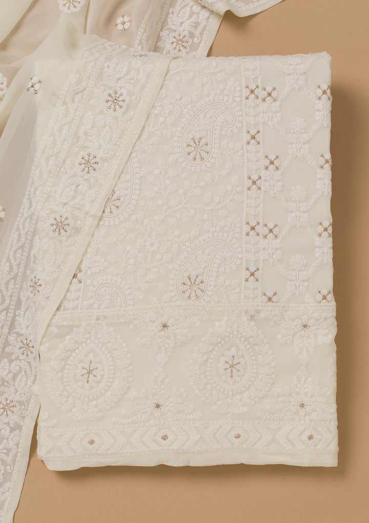 Off White Threadwork Georgette Unstitched Salwar Suit
