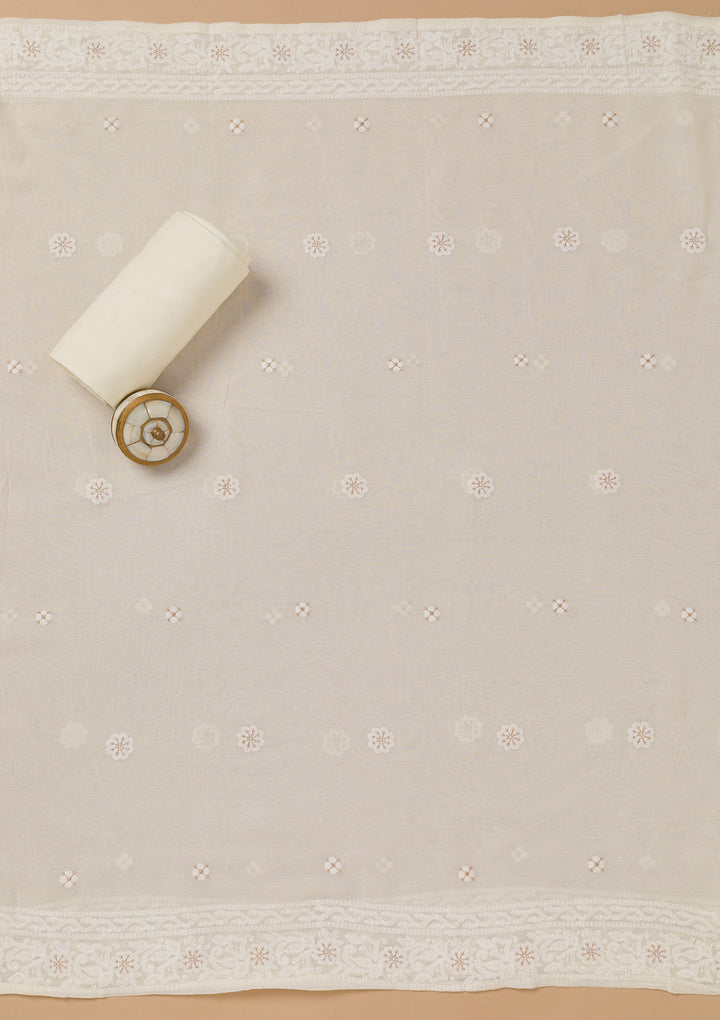 Off White Threadwork Georgette Unstitched Salwar Suit