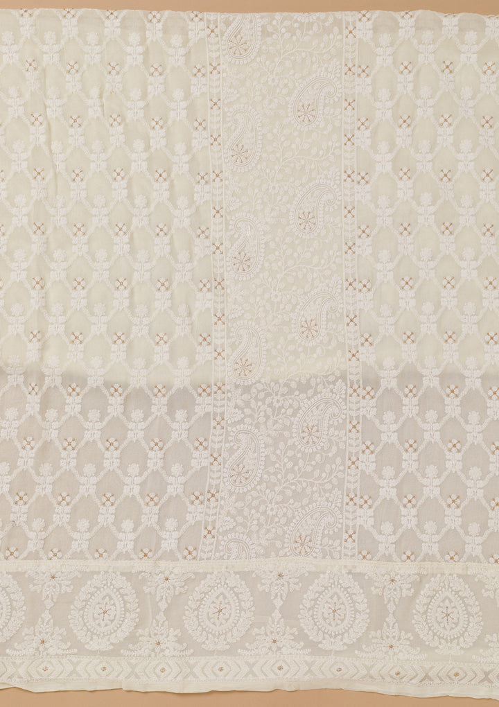 Off White Threadwork Georgette Unstitched Salwar Suit