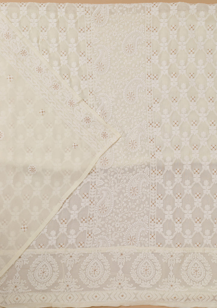 Off White Threadwork Georgette Unstitched Salwar Suit