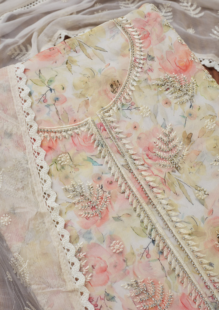 Off White Threadwork Georgette Unstitched Salwar Suit