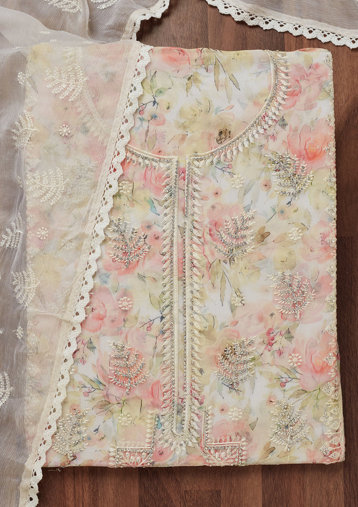Off White Threadwork Georgette Unstitched Salwar Suit