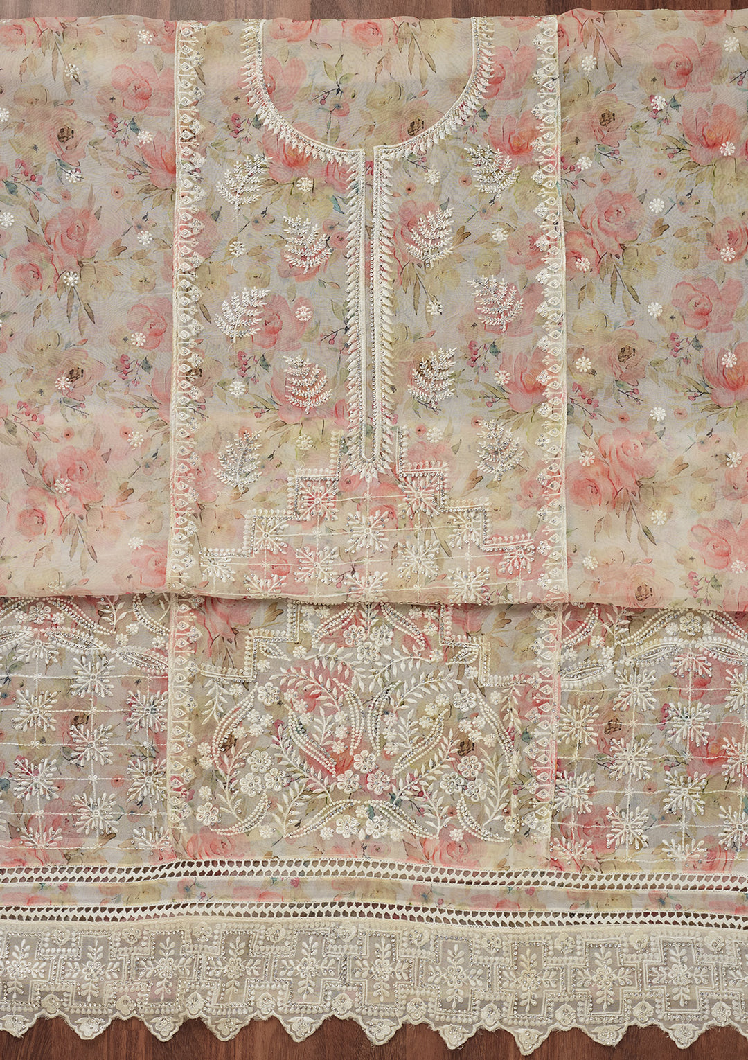 Off White Threadwork Georgette Unstitched Salwar Suit