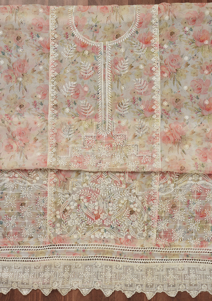 Off White Threadwork Georgette Unstitched Salwar Suit