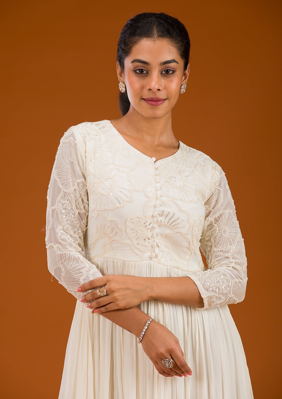 Buy Off White Threadwork Semi Crepe Readymade Salwar Suit - Koskii