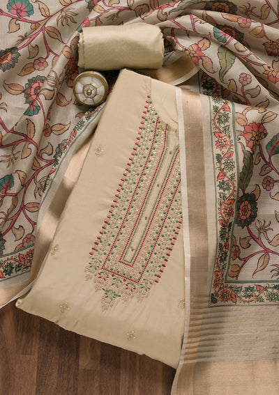 Off White Zariwork Cotton Unstitched Salwar Suit