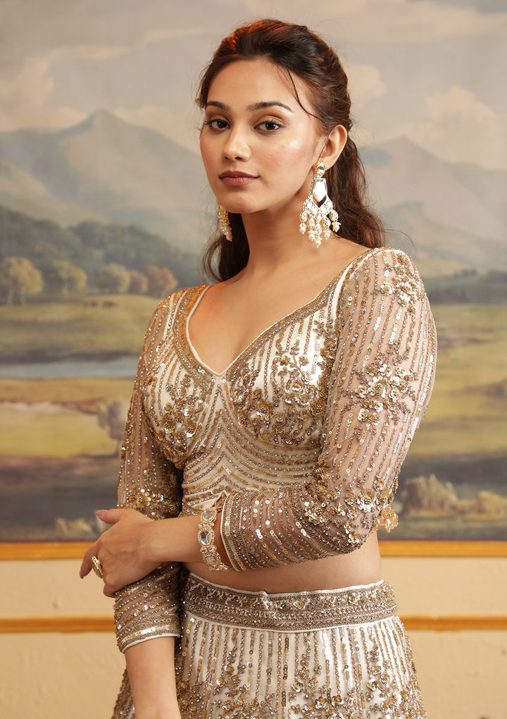 Off White Zariwork Net Readymade Lehenga