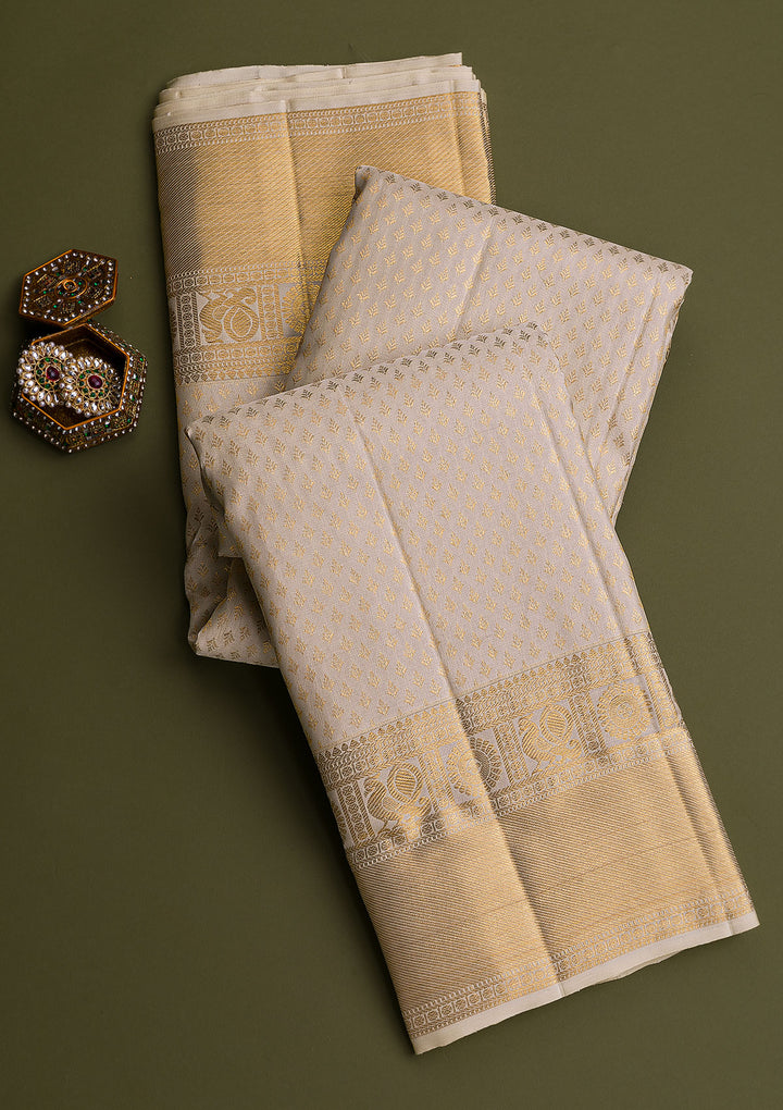 Off White Gold Zariwork Pure Silk Saree-Koskii