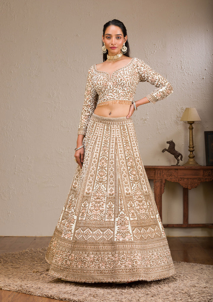 Off White Zariwork Velvet Readymade Lehenga