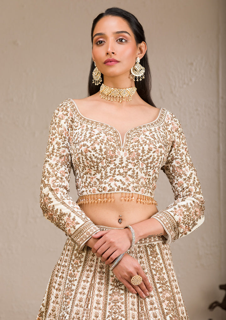 Off White Zariwork Velvet Readymade Lehenga
