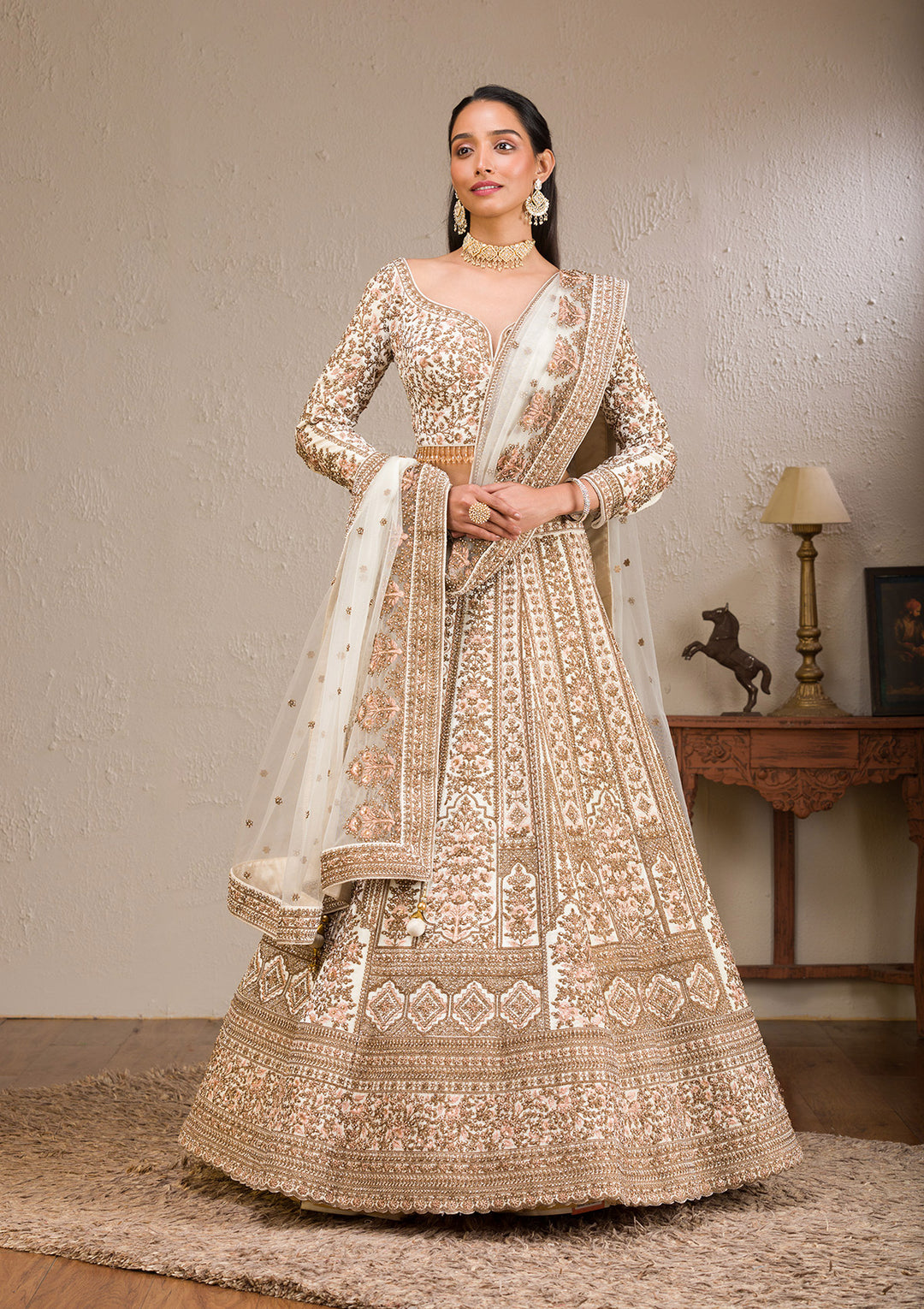 Off White Zariwork Velvet Readymade Lehenga