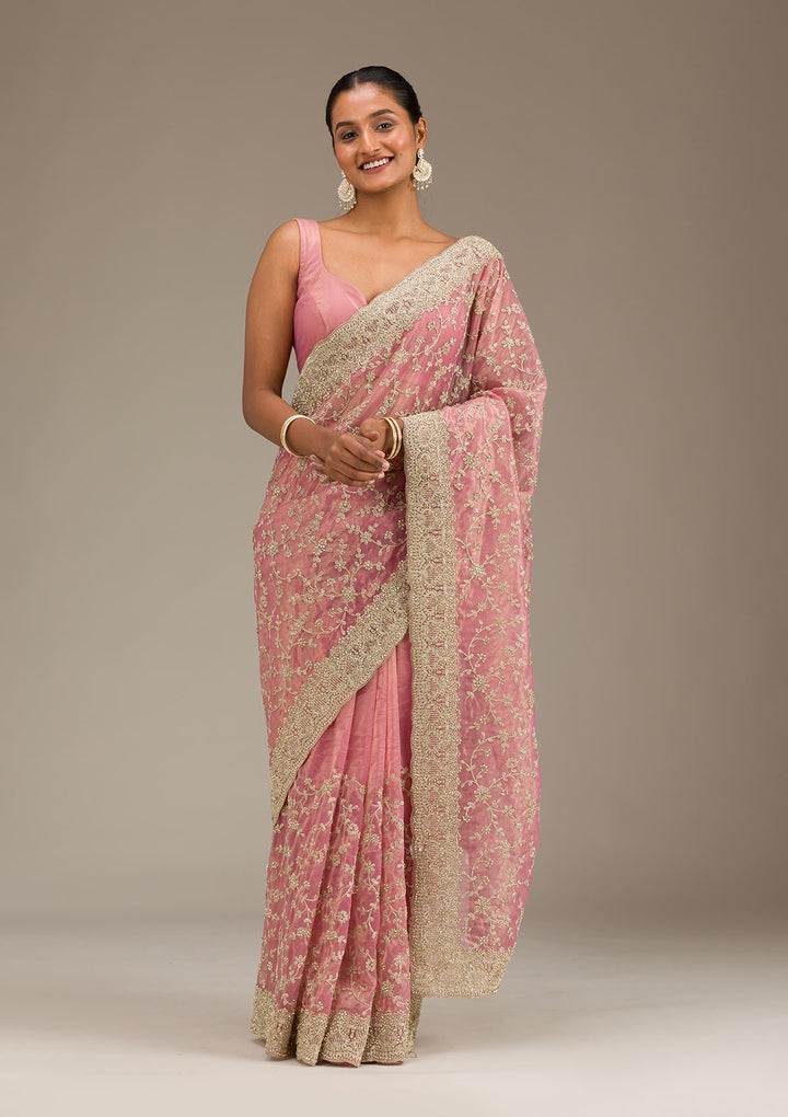 Onion Pink Sequins Tissue Saree