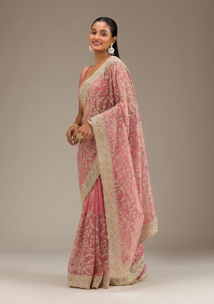 Onion Pink Sequins Tissue Saree