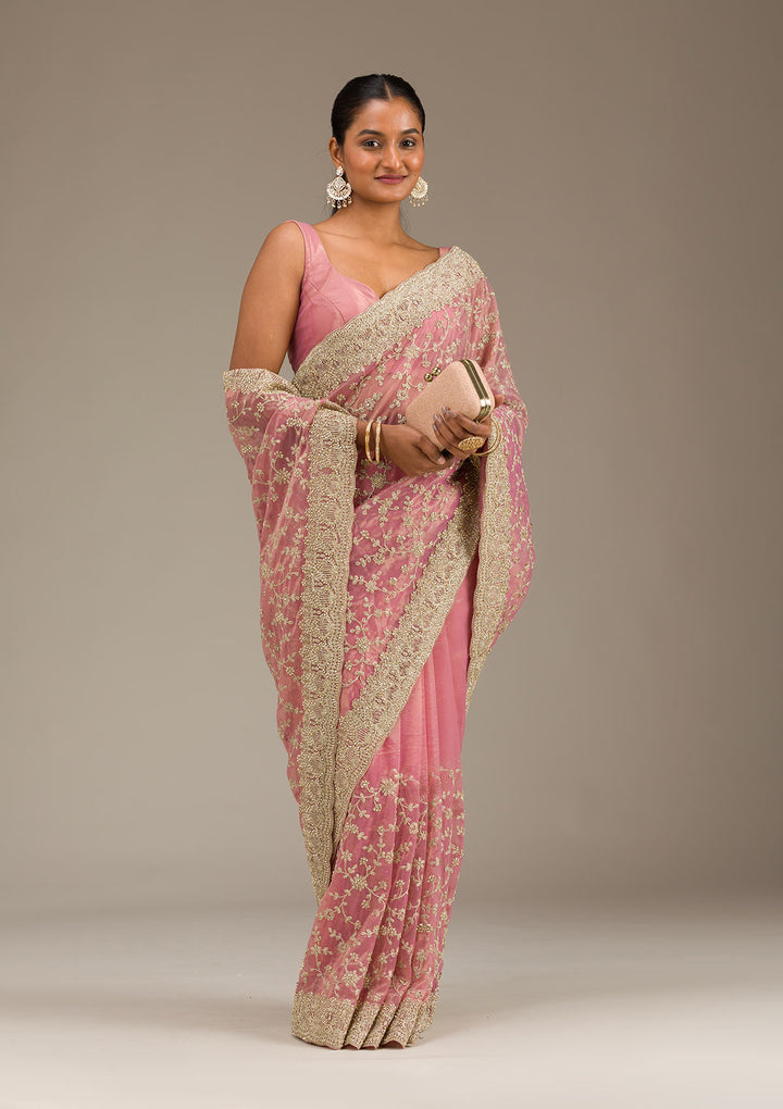 Onion Pink Sequins Tissue Saree