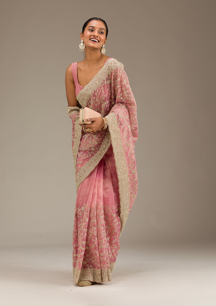 Onion Pink Sequins Tissue Saree