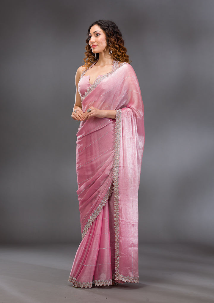 Onion Pink Silver Stonework Satin Saree