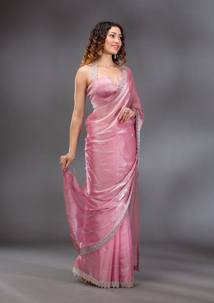 Onion Pink Silver Stonework Satin Saree