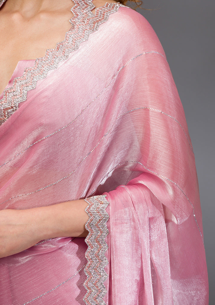 Onion Pink Silver Stonework Satin Saree