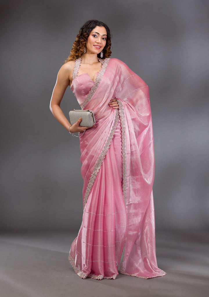 Onion Pink Silver Stonework Satin Saree