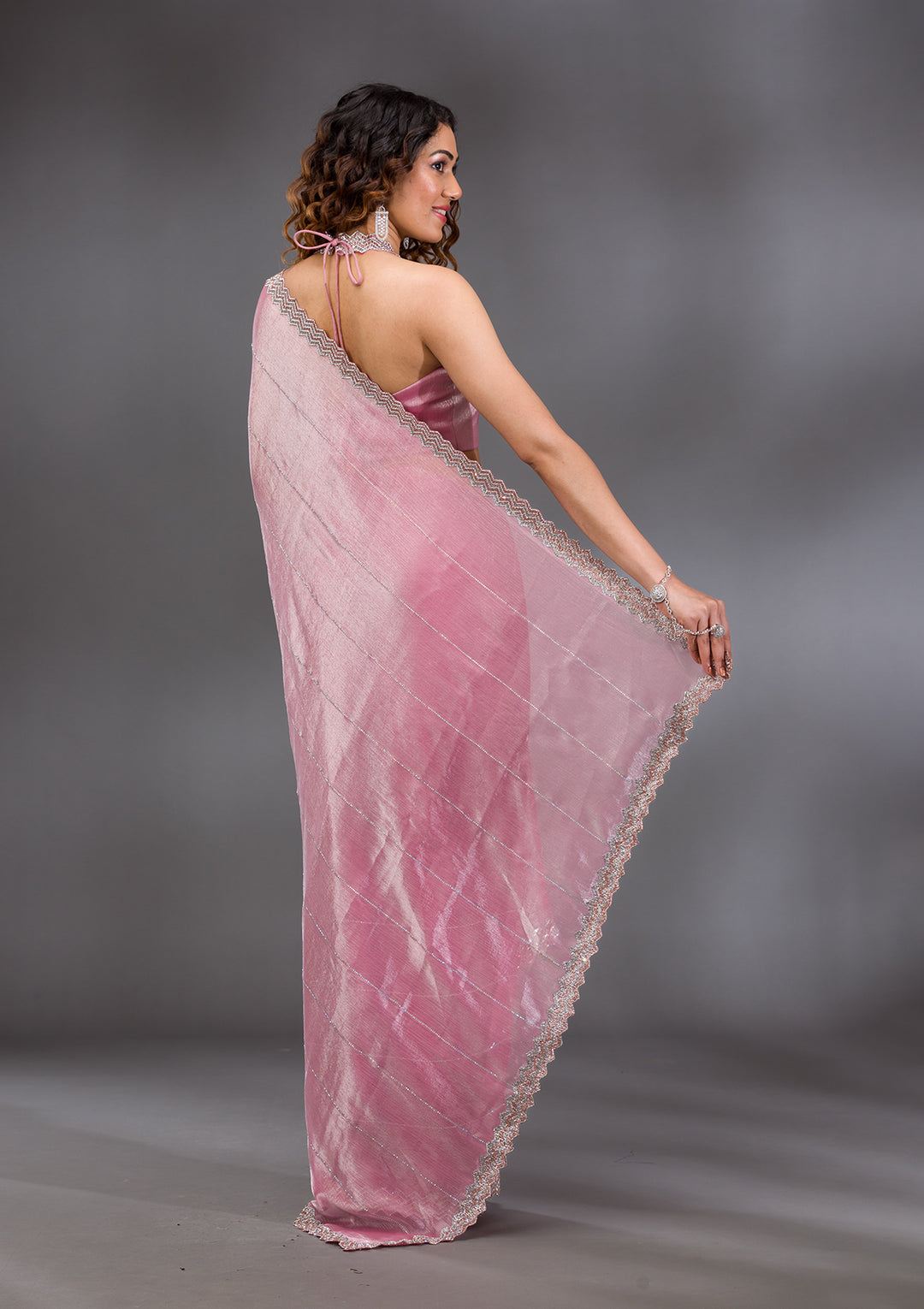 Onion Pink Silver Stonework Satin Saree