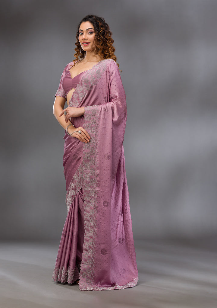 Onion Pink Swarovski Satin Saree