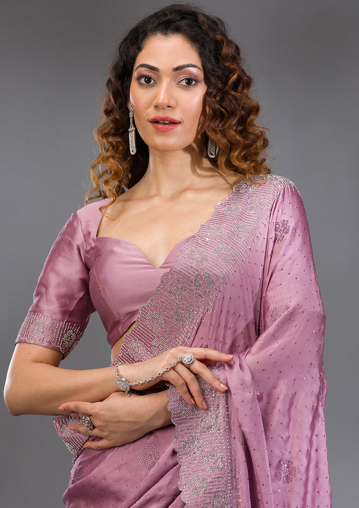 Onion Pink Swarovski Satin Saree