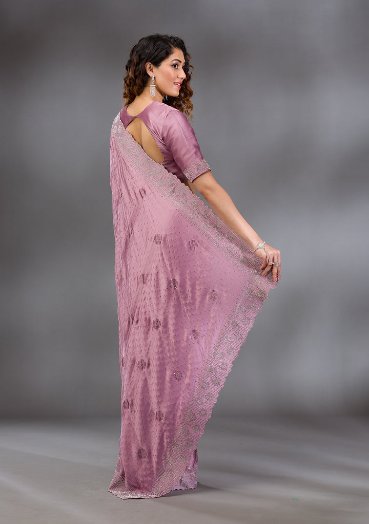 Onion Pink Swarovski Satin Saree