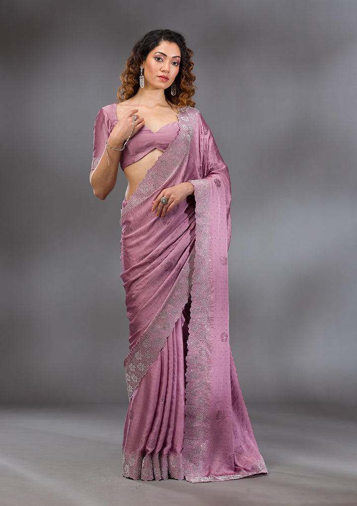 Onion Pink Swarovski Satin Saree