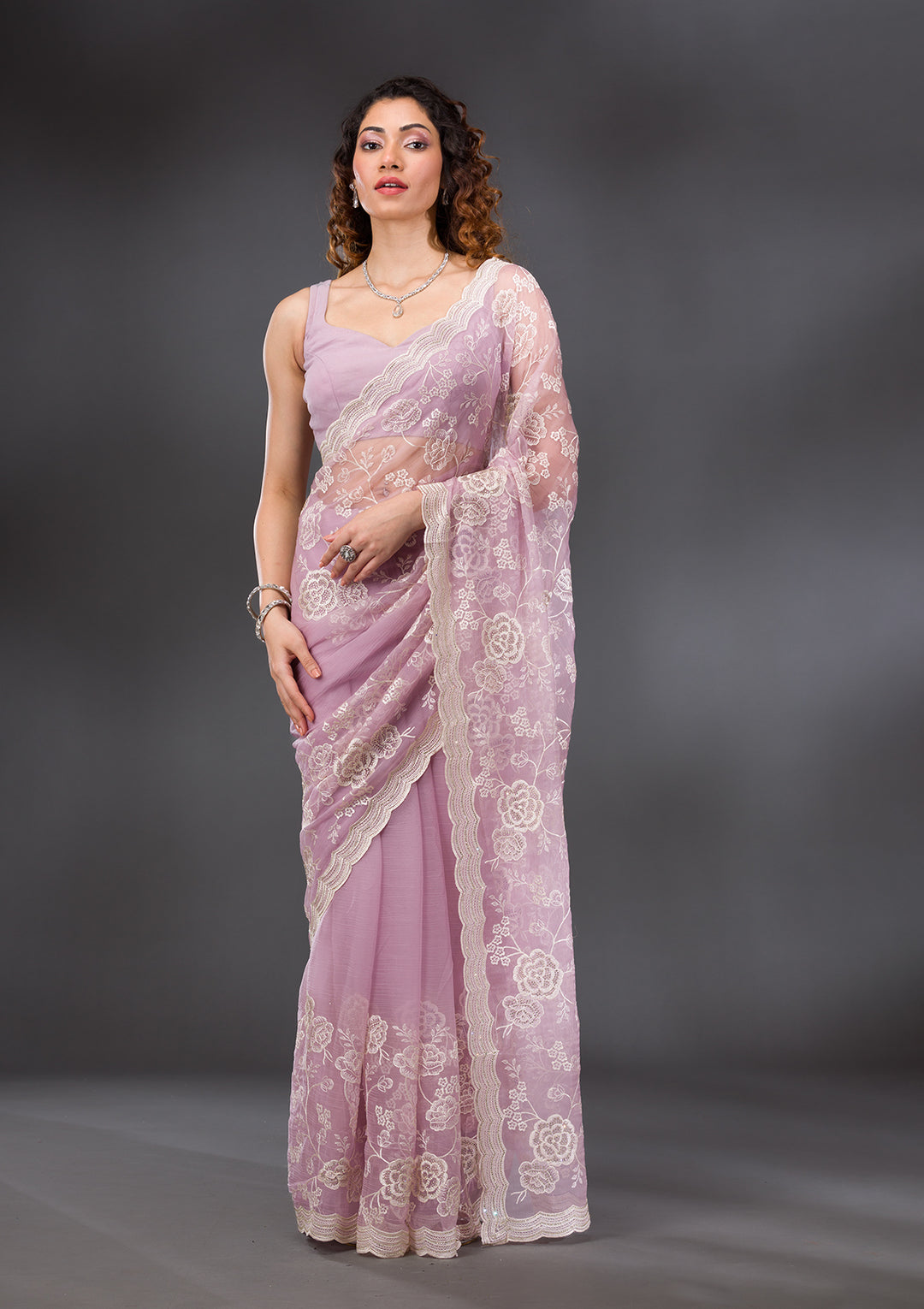 Onion Pink Threadwork Chiffon Saree