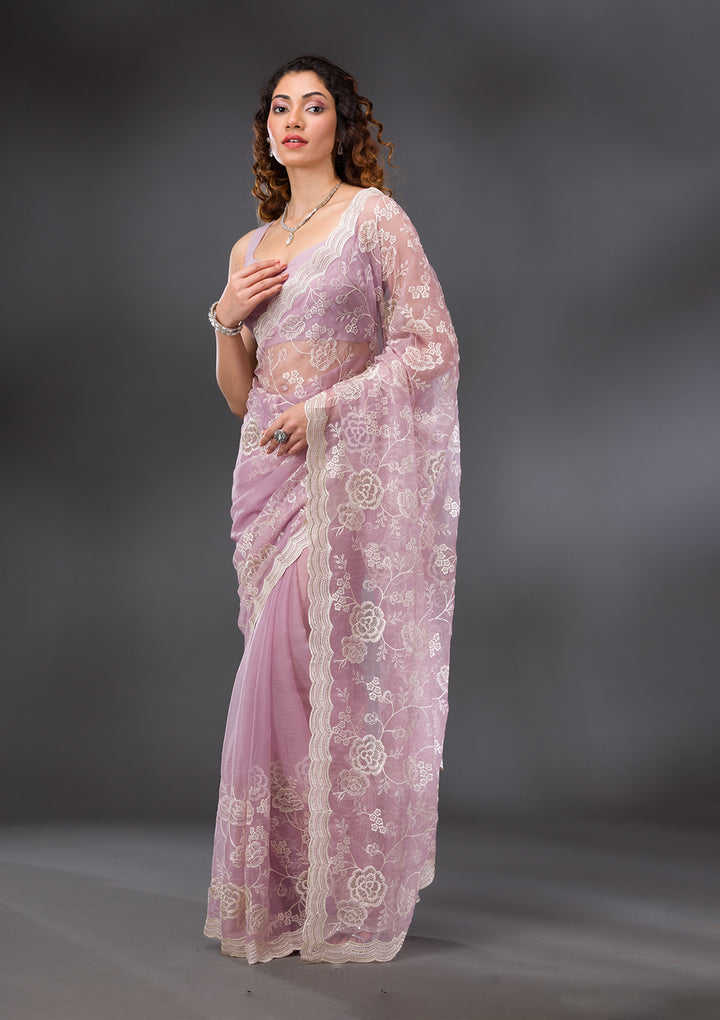 Onion Pink Threadwork Chiffon Saree